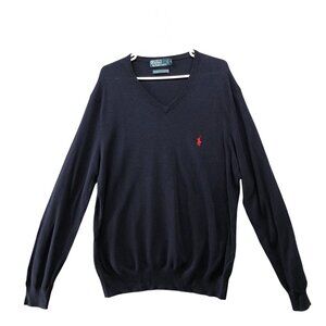 Polo Ralph Lauren Cotton Cashmere Sweater Mens XL Navy Blue V-Neck Pony Logo
